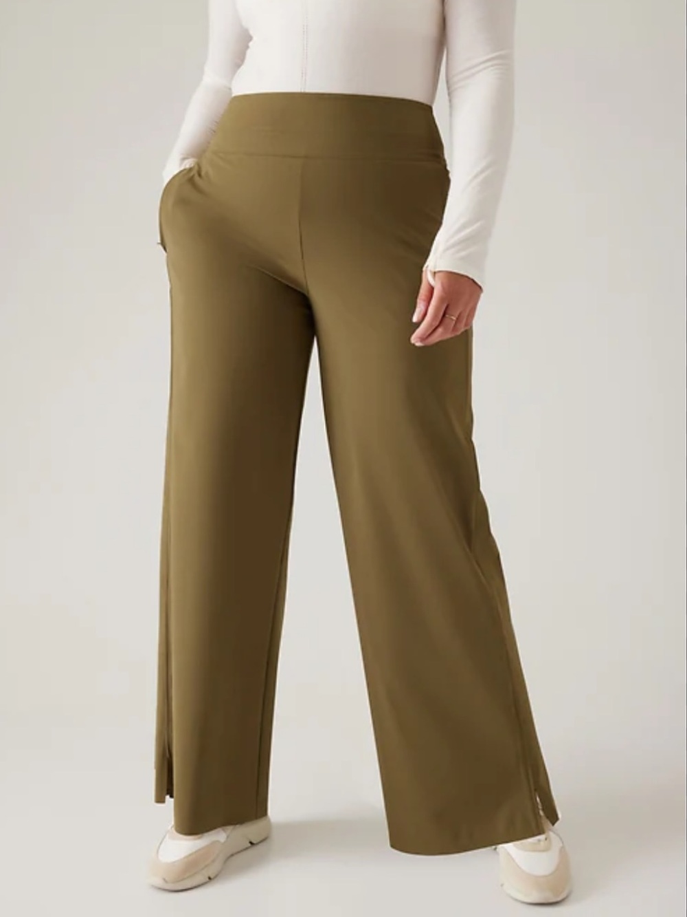 Athleta Cosmic Wide Leg Pants 16 Acacia Olive High Rise Work Travel Stretch